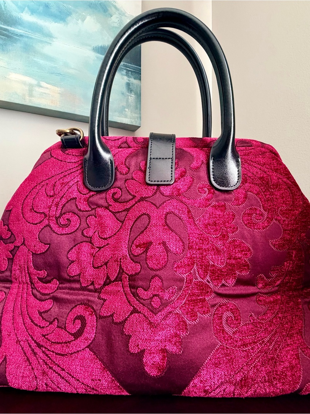 Elegant Carpet Patterned Dome Satchel with Black Handles